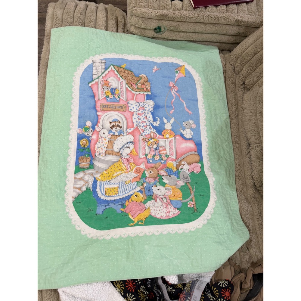 Vintage Mother Goose Nursery Rhyme Baby Quilt Blanket Reversible Mint Green Blue